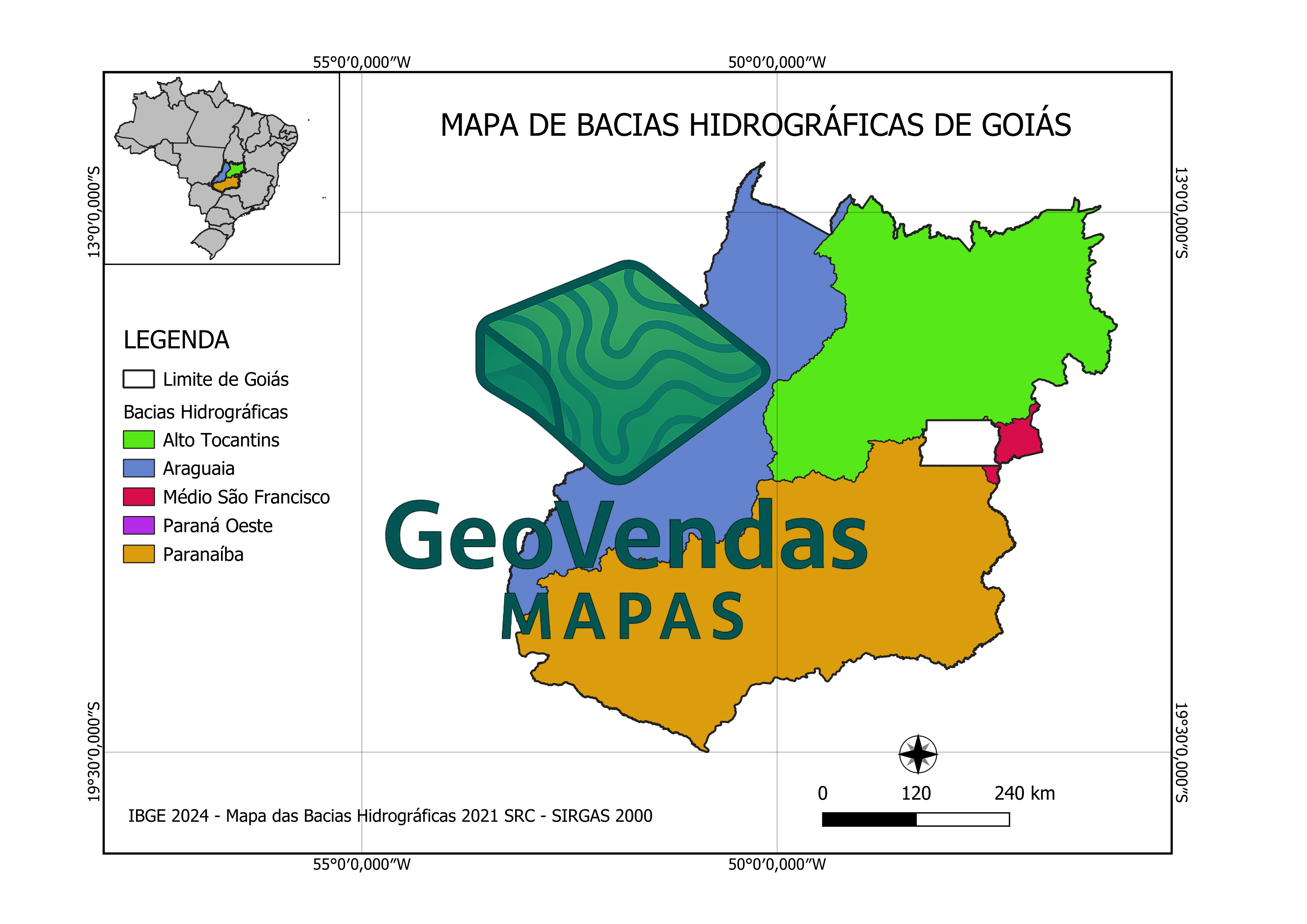 Mapa de Bacias hidrográficas de Goiás